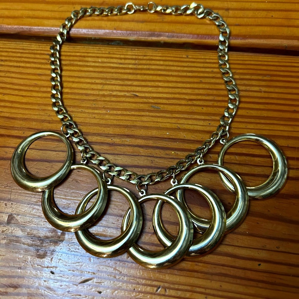 Vintage Gold Tone Graduated Ring Bib Statement Necklace Curb Chain 18 Inch